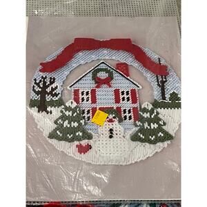 Belco Snowman Christmas Needlepoint House Kit Plastic Canvas Wreath Trees Vtg